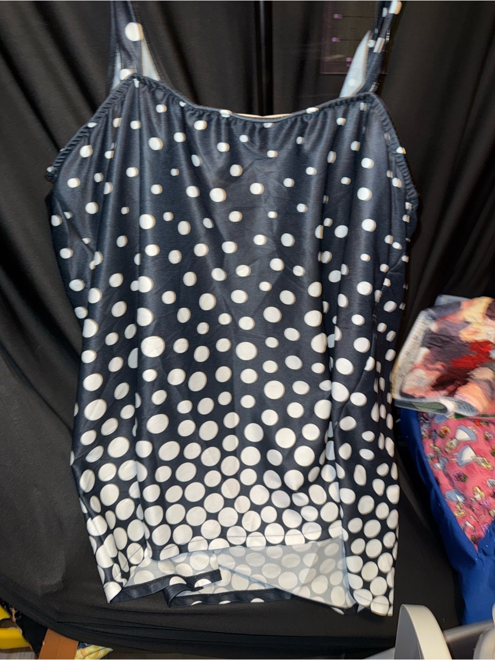 Navy Blue Polka Dot bathing suit with adjustable straps with buttons TOP ONLY